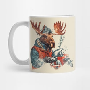 Winter Moose on Snow Plow Vintage Illustration Mug